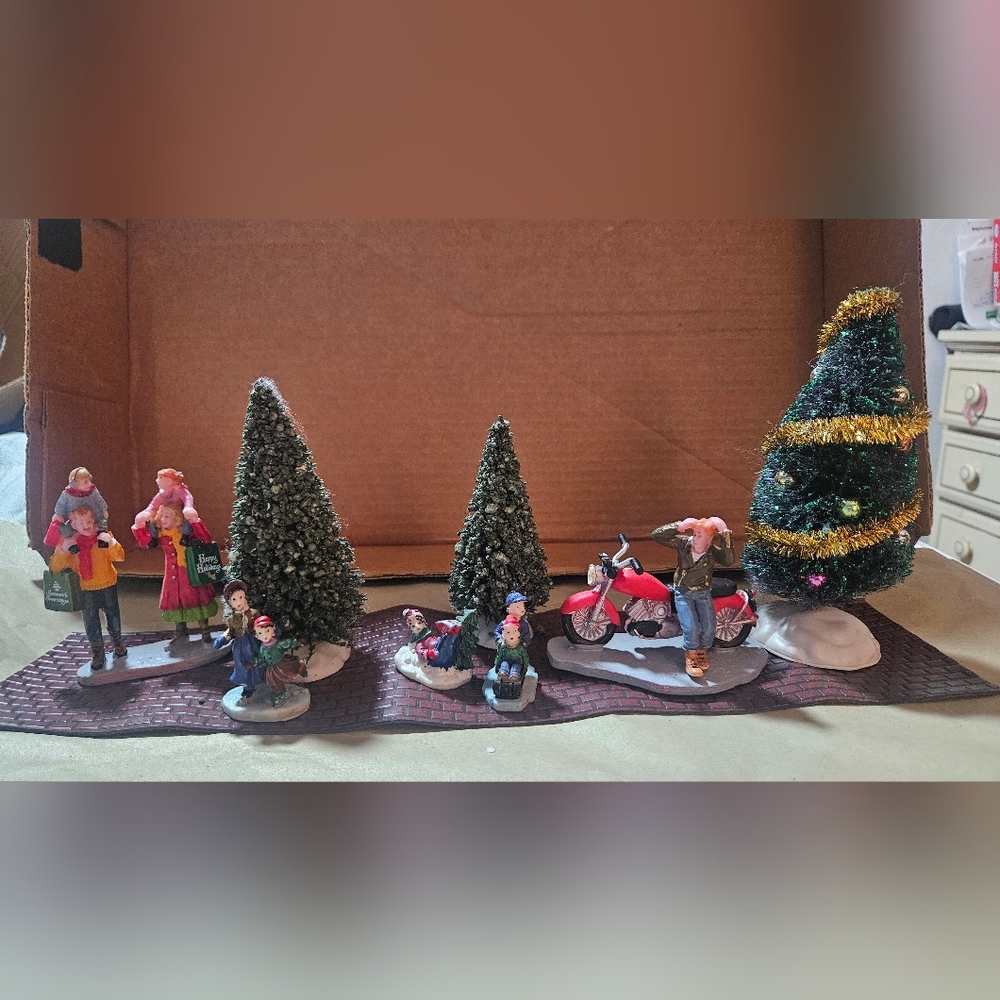 Christmas Village Figurines with Red Motorcycle